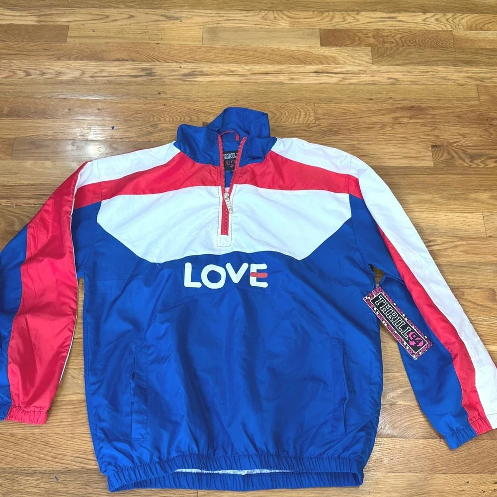 Thrill‎ 94 2X Colorblock Windbreaker LOVE Quarter Zip Jacket Blue Red White NWT